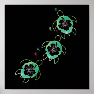 Artistiek Zee Schildpad Hibiscus Bloem Stijlvol Sc Poster