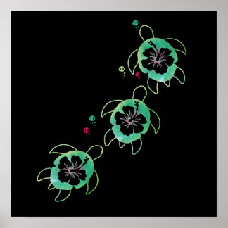 Artistiek Zee Schildpad Hibiscus Bloemenwandkunst  Poster