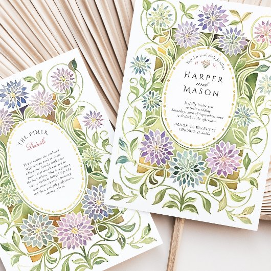 Artistieke Art Nouveau Dahlia Glas in lood bruilof Kaart