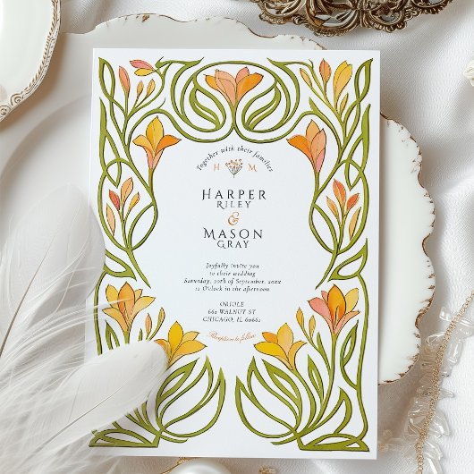Artistieke Art Nouveau Oranje Lily Wedding Kaart