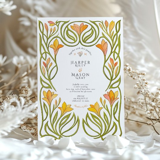 Artistieke Art Nouveau Oranje Lily Wedding Kaart