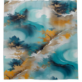 Artistieke Aziatische Oosterse Golven & Sceneries Douchegordijn