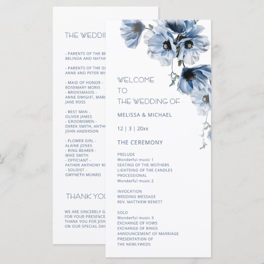 Artistieke Blauwe Bloemen Bruiloft Programmakaart (Voorkant / Achterkant)