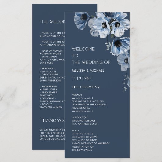 Artistieke Blauwe Bloemen Bruiloft Programmakaart (Voorkant / Achterkant)