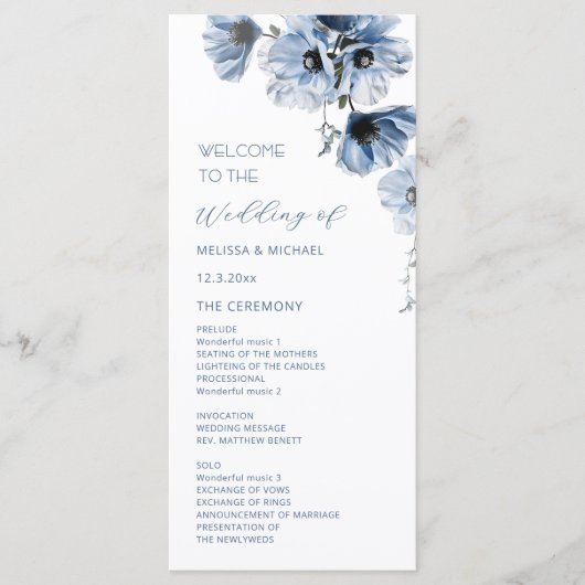 Artistieke Blauwe Bloemen Bruiloft Programmakaart (Voorkant)