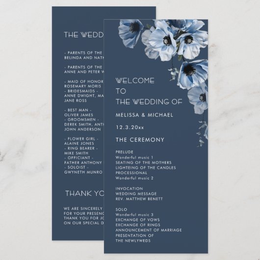 Artistieke Blauwe Bloemen Bruiloft Programmakaart (Voorkant / Achterkant)