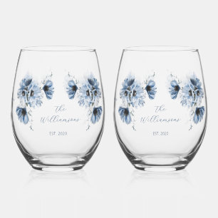 Artistieke Blauwe Bloemen Huwelijk Wijnglas Zonder Voet