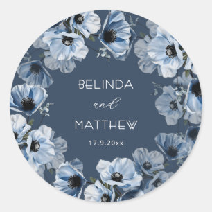 Artistieke Blauwe Bloemen Trouwen Ronde Sticker