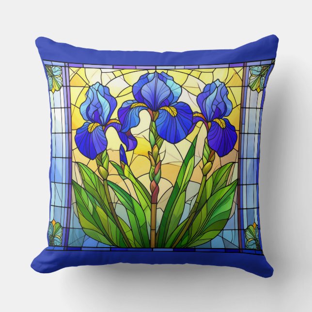 Artistieke Blauwe Iris Bloem Kussen (Voorkant)