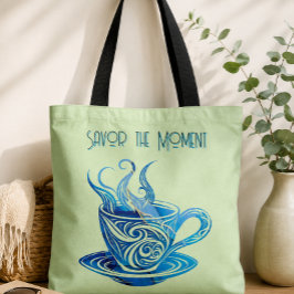 Artistieke blauwe koffiekop met wervelende patrone tote bag