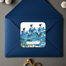 Artistieke Blauwe Waterverf Wilde Bloemen Monogram Vierkante Sticker