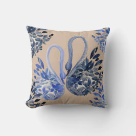 Artistieke Blauwe Zwanen Aquarel Handgeschilderd Kussen