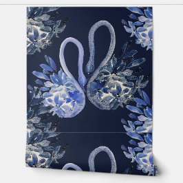 Artistieke Blauwe Zwanen Waterverf Handgeschilderd Behang