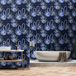 Artistieke Blauwe Zwanen Waterverf Handgeschilderd Behang
