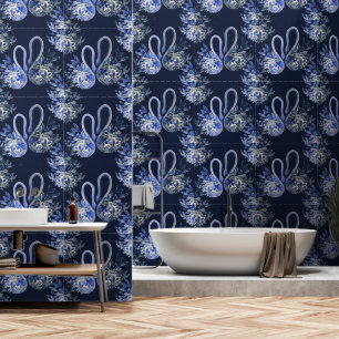 Artistieke Blauwe Zwanen Waterverf Handgeschilderd Behang