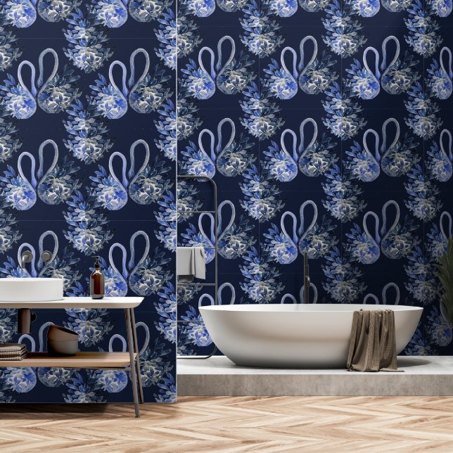 Artistieke Blauwe Zwanen Waterverf Handgeschilderd Behang (Badkamer)