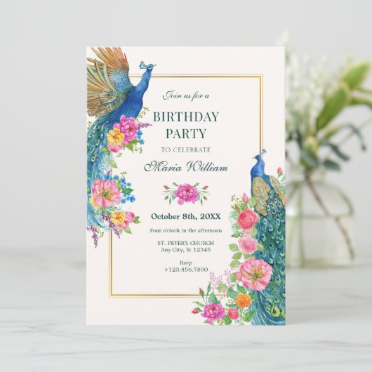 Artistieke bloem pauwen verjaardag kaart (Staand voorkant)