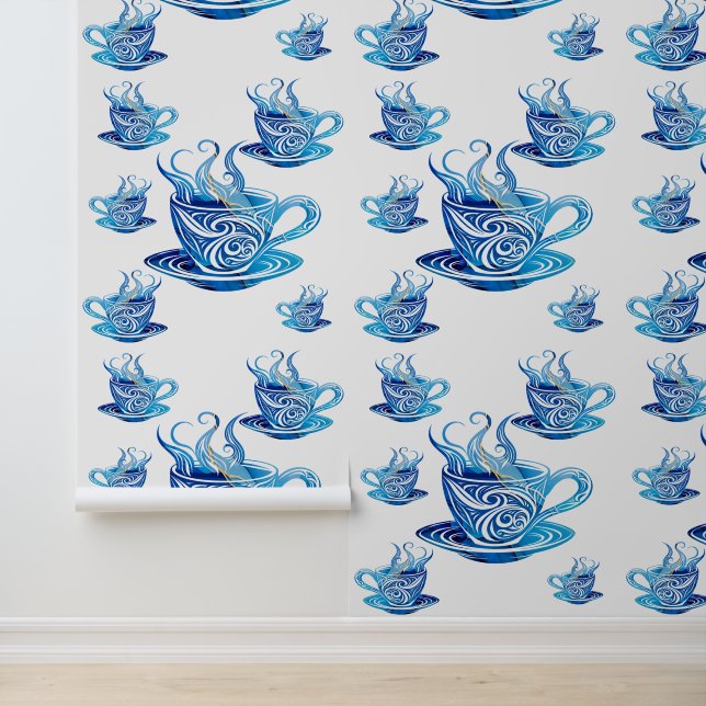 Artistieke Blue Coffee Cup met wervelende patronen Behang (Applicatie)