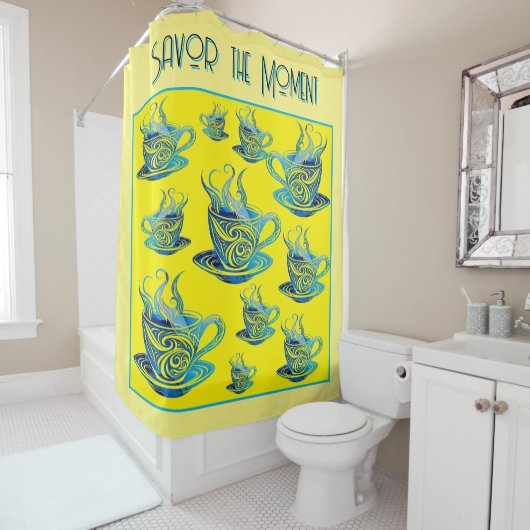 Artistieke Blue Coffee Cup met wervelende patronen Douchegordijn (In situ)