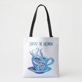 Artistieke Blue Coffee Cup met wervelende patronen Tote Bag