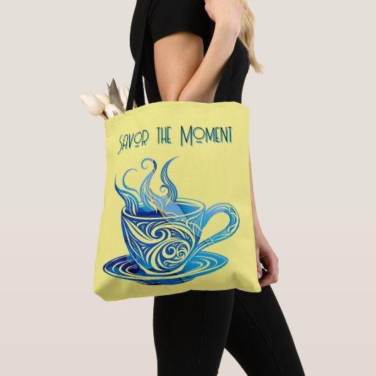 Artistieke Blue Coffee Cup met wervelende patronen Tote Bag (Dichtbij)