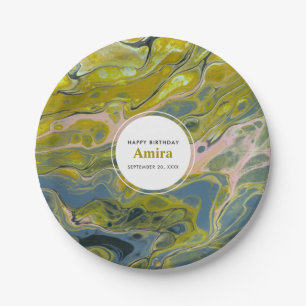 Artistieke Boho Lime Green & Blue Marble Birthday Papieren Bordje