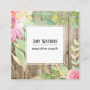 Artistieke Boho Waterverf Flowers Rustic Brown Woo Vierkante Visitekaartje