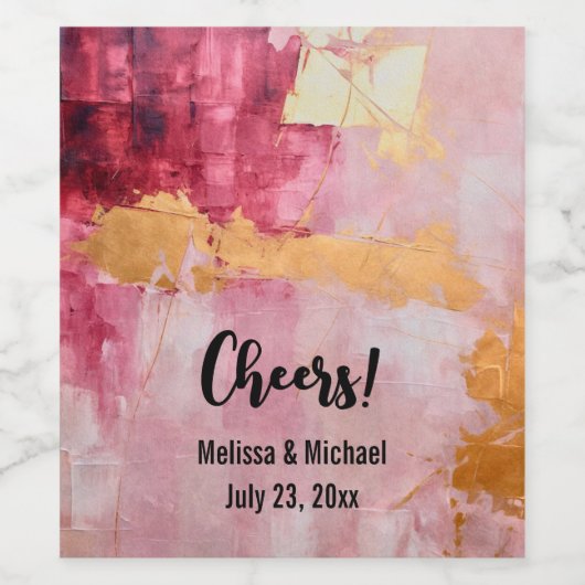 Artistieke borstel streken goud en roze bruiloft wijn etiket (Enkel label)