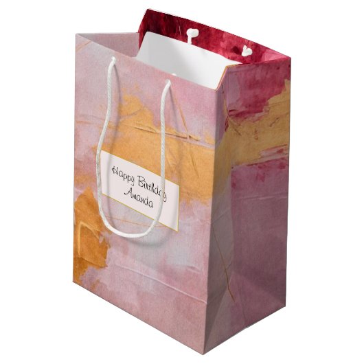 Artistieke borstel streken goud en roze verjaardag medium cadeauzakje (Achterkant Gekanteld)