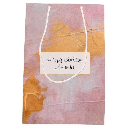 Artistieke borstel streken goud en roze verjaardag medium cadeauzakje (Achterkant)