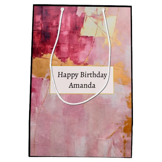 Artistieke borstel streken goud en roze verjaardag medium cadeauzakje (Achterkant)