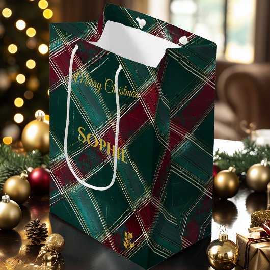 Artistieke Bourgogne en Green Plaid Kerst Custom Medium Cadeauzakje