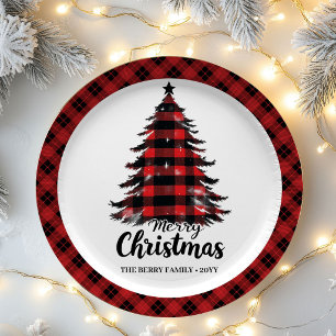 Artistieke Buffalo Plaid Boom Naam Kerst Papier  Papieren Bordje