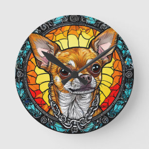 Artistieke Chihuahua-illustratie in glas-in-lood Ronde Klok