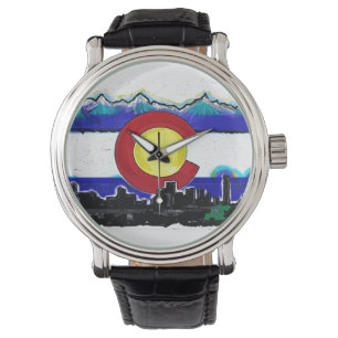Artistieke Colorado vlag Denver skyline wrist watc Horloge