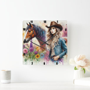 Artistieke Cowgirl en Paard met Levendige Bloemen Vierkante Klok