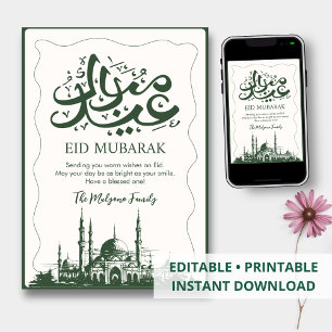 Artistieke donkergroene moskeeschets Eid Mubarak k Feestdagenkaart