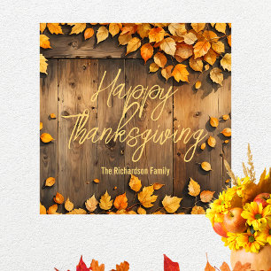 Artistieke gele herfstbladeren op houten Thanksgiv Poster