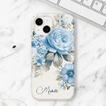 Artistieke gepersonaliseerde lichte pastelblauwe R Case-Mate iPhone 14 Hoesje<br><div class="desc">Pas dit mooie ontwerp met jouw naam of monogram aan. Beschikt over bleke stoffige blauwe rozen,  wilde bloemen en hortensia bloesems met lichte pastelsalie gebladerte op eierschaal achtergrond.</div>