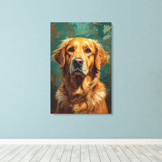 Artistieke Gouden Hond Portret Levendige Olieverf  Canvas Afdruk (Insitu (Houten vloer))