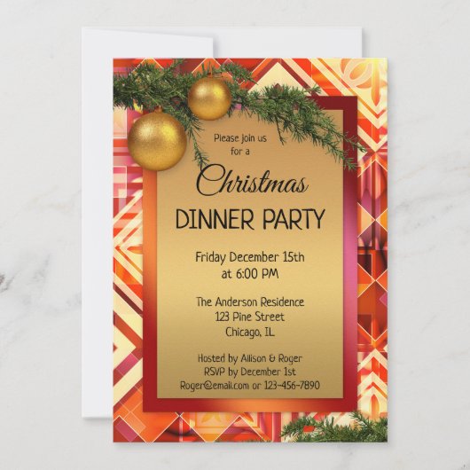 Artistieke Gouden Kerstmis Diner Party Uitnodiging (Voorkant)