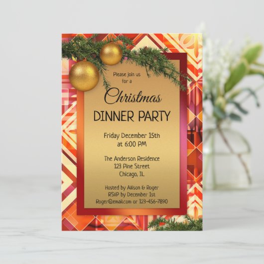 Artistieke Gouden Kerstmis Diner Party Uitnodiging (Staand voorkant)