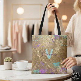 Artistieke gouden metalen folie glitterspray verf tote bag