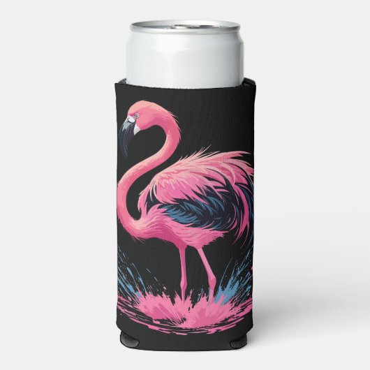 Artistieke grillige roze flamingo splash | Zwart Seltzer Blikjeskoeler (Seltzer Voorkant)