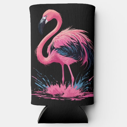 Artistieke grillige roze flamingo splash | Zwart Seltzer Blikjeskoeler (Voorkant)