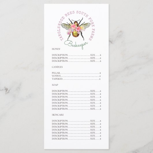 Artistieke honingbijproducten Floral prijslijst Menu (Voorkant)