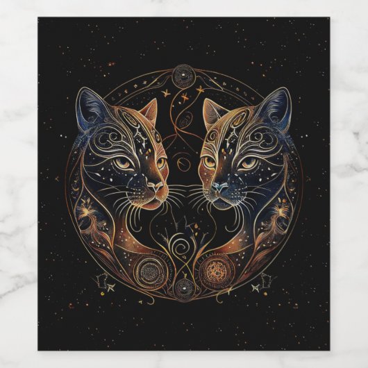 Artistieke katachtige cirkel tweeling katten wijn etiket (Enkel label)