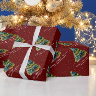 Artistieke Kerstboom Aquarel Merry Jolly Rood Cadeaupapier