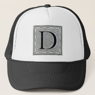 Artistieke letter "D" Woodcut Woodblock Initiaal Trucker Pet