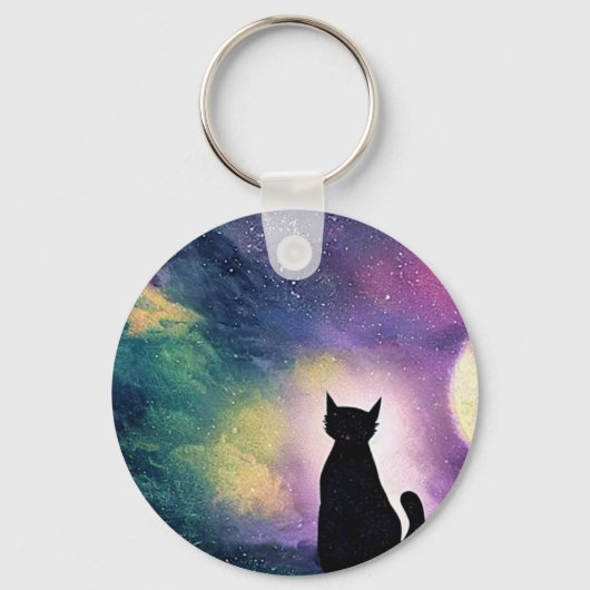 Artistieke Leuke Kat Maan en Galaxy Stars Paarse Sleutelhanger (Voorkant)